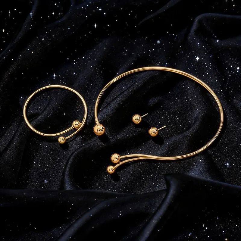 Unisex Niche Cold‑Style Sphere Jewelry Set Cross‑Border Resizable Choker Bracelet Earring Minimalist Personality Daily Jewelry