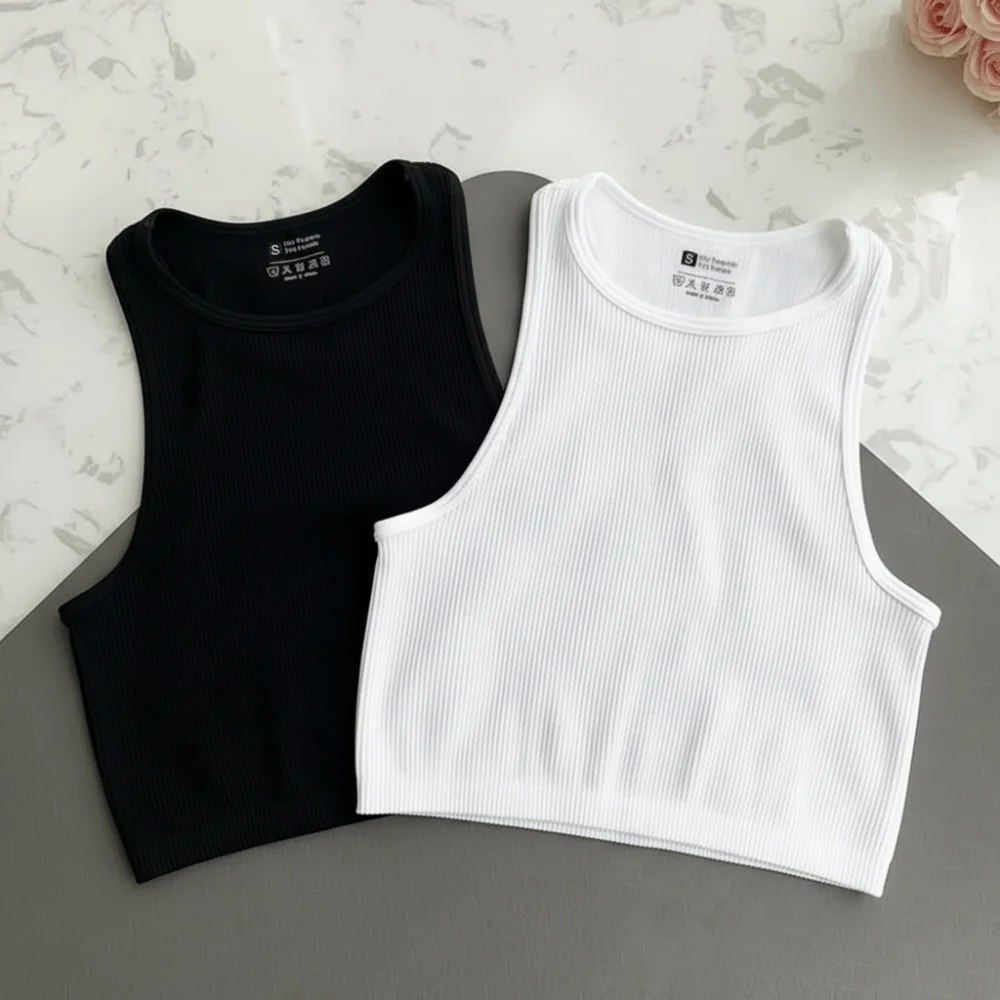 Solid Color Seamless Rib-Knit Vest High-Elastic Quick-Drying Yoga Vest Belly-Baring Sleeveless Sports Vest for Women