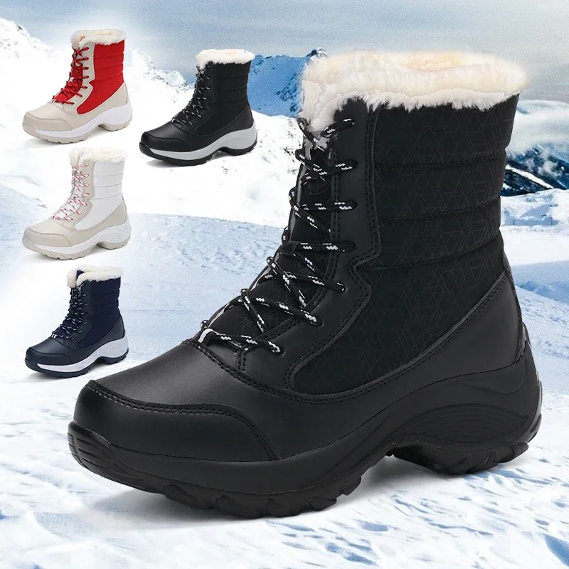 Botas de plataforma para mujer, zapatos para caminar de invierno para mujer, botas altas hasta el muslo de felpa para mantener el calor, botines negros para nieve para invierno al aire libre 2025