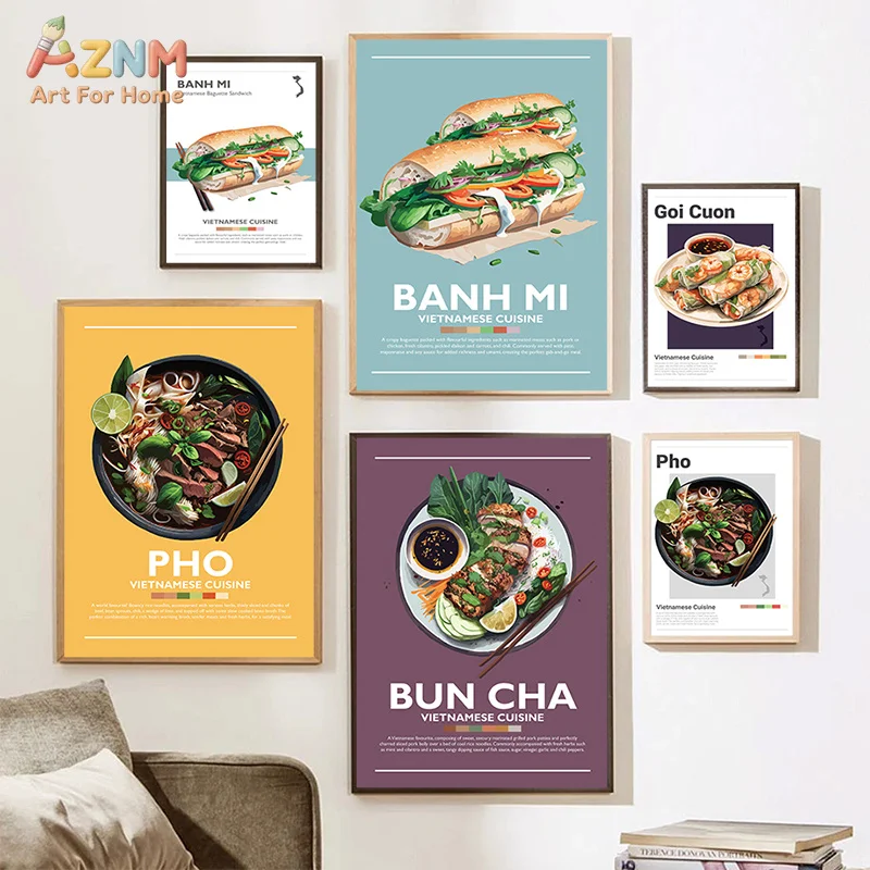 AZNM Rahmenloses Leinwandposter Vietnamesisches Essen Druck, Pho Banh Mi Bun Cha Goi Cuon Illustration Wandkunst Bild für Restaurant Ki