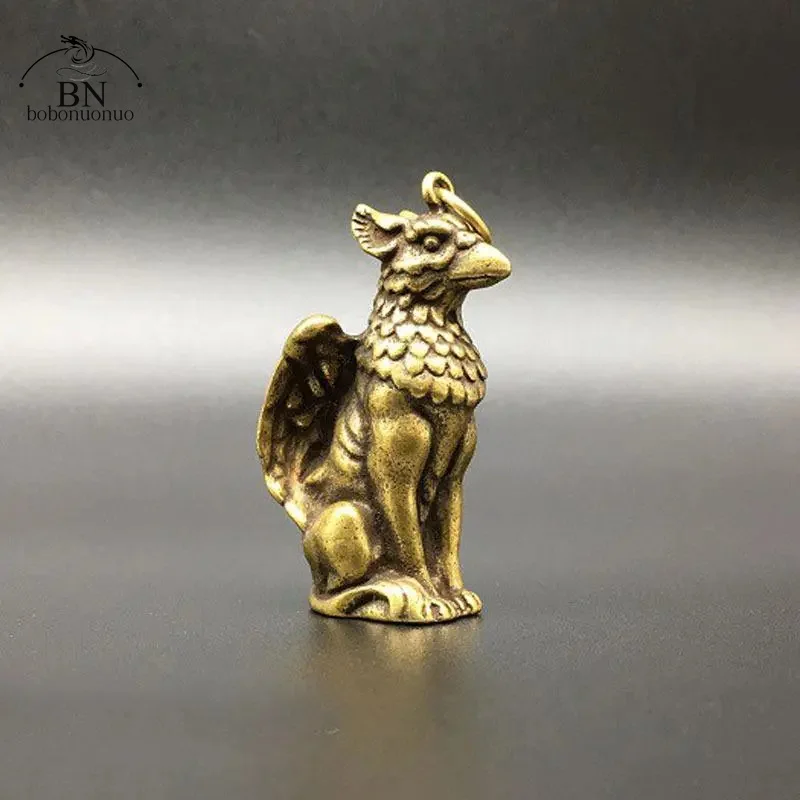 Soild Copper Mythical Animals Bird Head Wings Beast Body Pendants Brass Ornaments Key Chain Hanging Trinket Small Bronze Statue