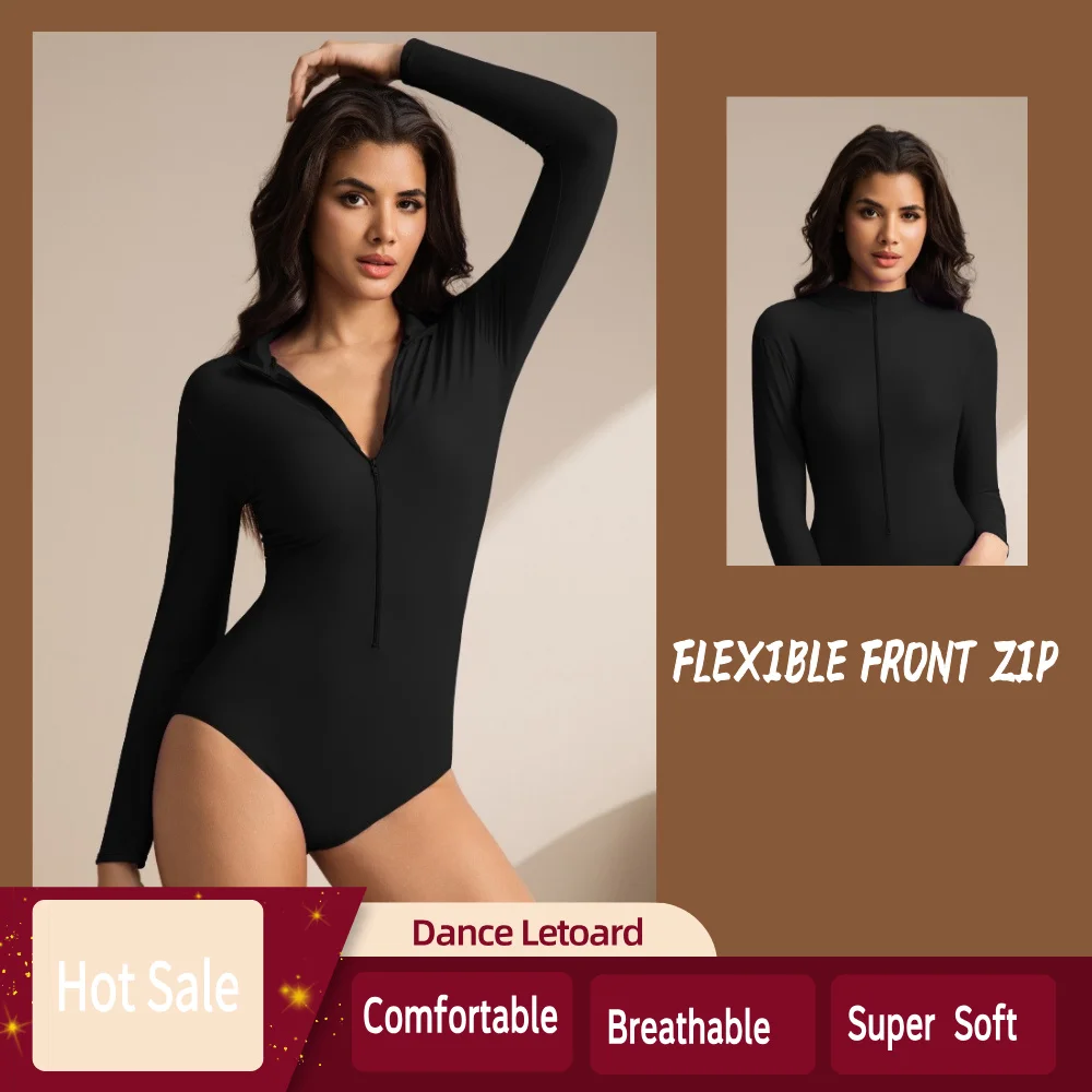 

Women Long Sleeve Ballet Dance Leotards Front Zipper Bodysuit Nylon Costume Yoga Outfit Dance Practice Clothes Plus Size