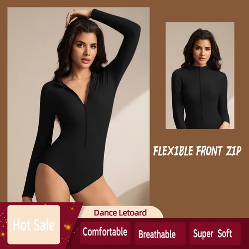 Leotardos de baile de Ballet de manga larga para mujer, traje de nailon con cremallera frontal, traje de Yoga, ropa de práctica de baile de talla grande