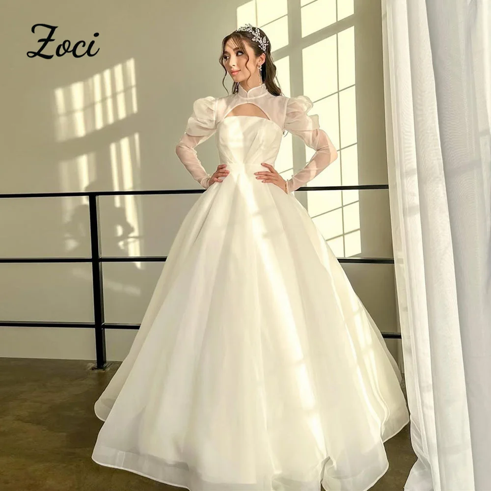 

Zoci Princess High Neck A Line Wedding Dresses Customized Long Sleeves Organza Bride Dress Customized Draped Wedding Party Gowns