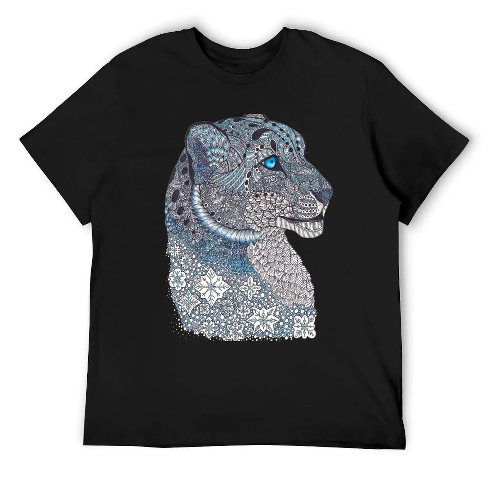 Blue Zentangle Snow Leopard and Snowflakes T-Shirt custom t shirt man t shirt cotton graphic tees Short sleeve tee men