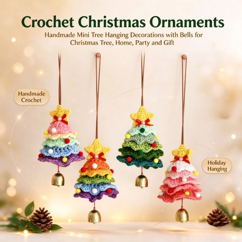 2PCS Handmade Crochet Christmas Hanging Ornament Yarn Knit Pendant For Car Rearview Mirror Xmas Auto Interior Decor