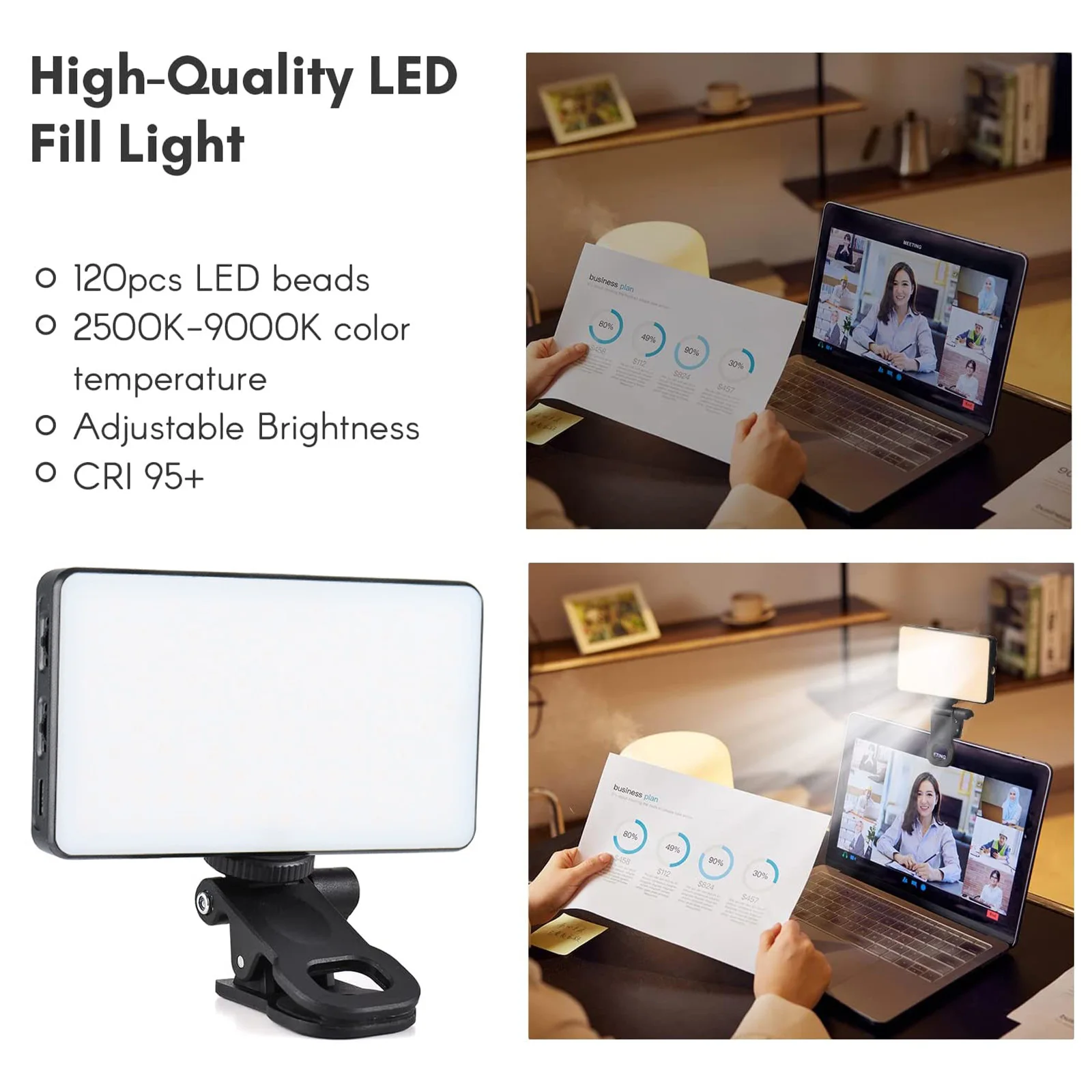 노트북 및 스마트폰용 견고한 클립이 있는 온 카메라 비디오 조명, 화상 회의 필 라이트 램프, 아이패드 맥북 2500-6500K