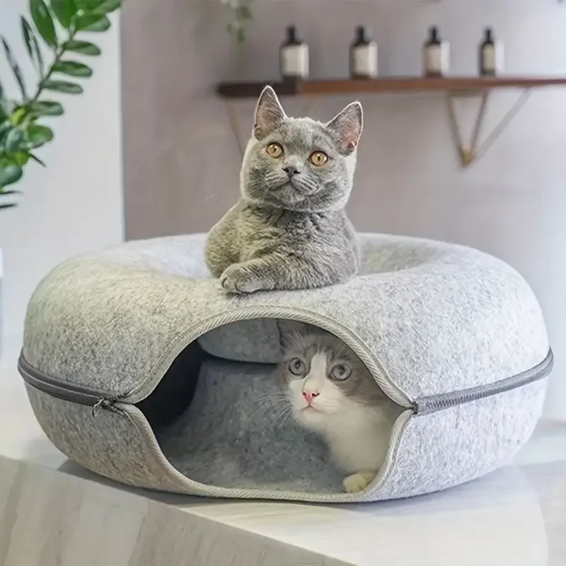 1pc Felt Tunnel Cat Nest With Kitten Window Cat Donut Tunnel Detachable Round Cat Bed All-season Cat Nest Washable Cat Bed