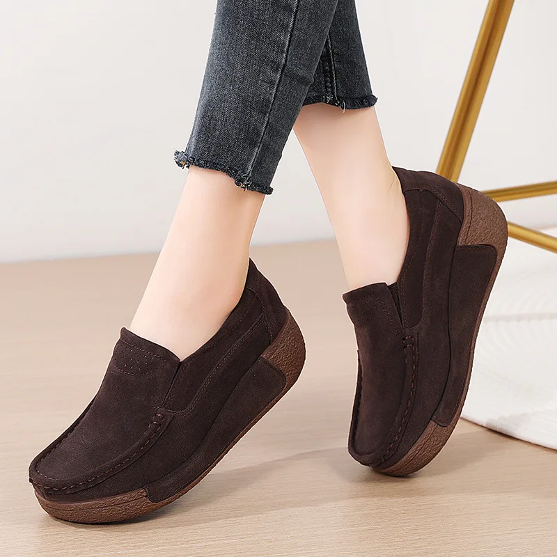 EAGSITY Cow suede sneaker for women shoes wedges thick outsole platform round toe slip on loafer shoes soft comfortable