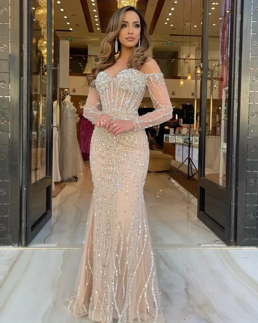 Champagne Off Shoulder Mermaid Evening Dresses Dubai Beading Formal Party Gowns Pleats Long Sleeves Prom Dresses Customized