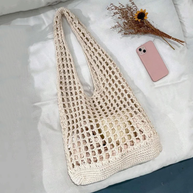 Fashion Crochet Bags For Women Summer Beach Tote Bag Raffia Aesthetic Knitted Handbag Bohemian Hollow Shoulder Bag Shopping Bag