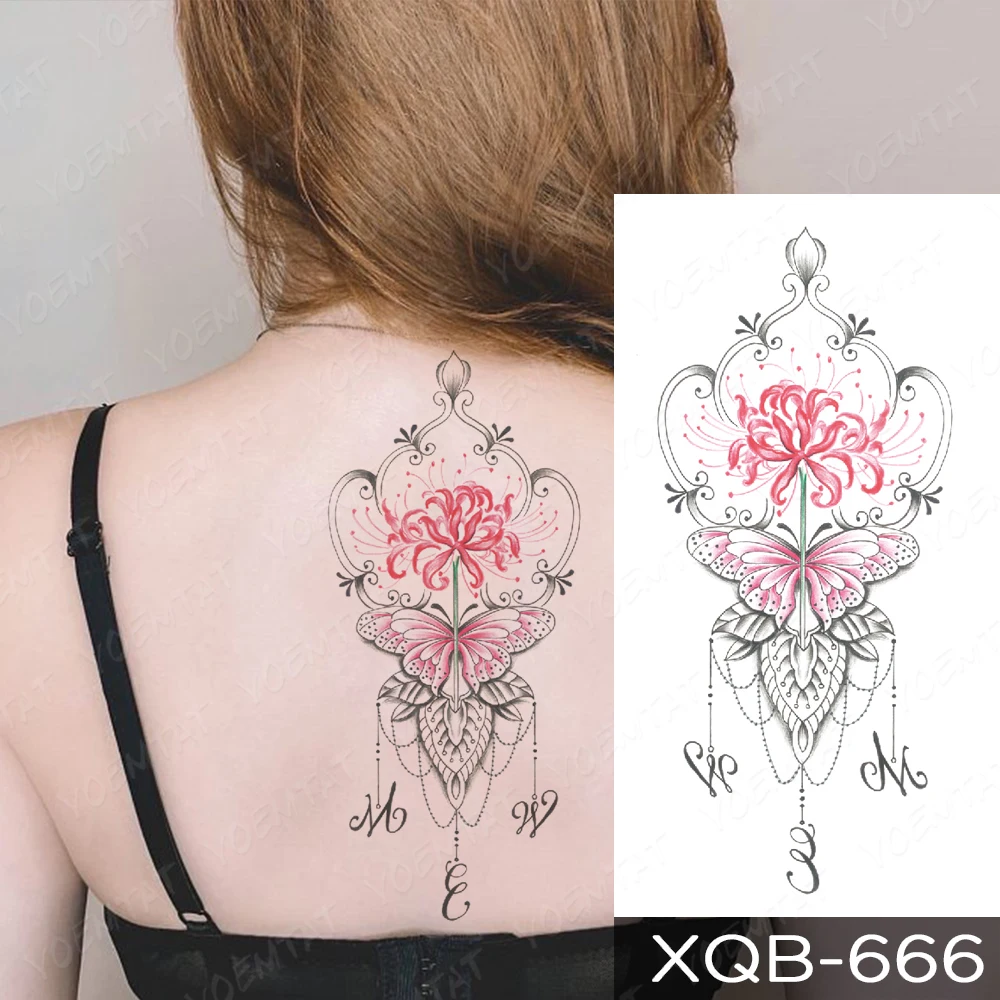 Waterproof Temporary Tattoo Sticker Pink India Henna Higanbana Butterfly Lotus Women Men Arm Back Tattoos Fake Tatoo Body Art