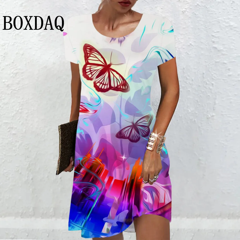 

Women Dress Summer O-Neck Short Sleeve Mini Dress Plus Size Butterfly Printed Dress Loose A-Line Casual Fashion Dress Streetwear