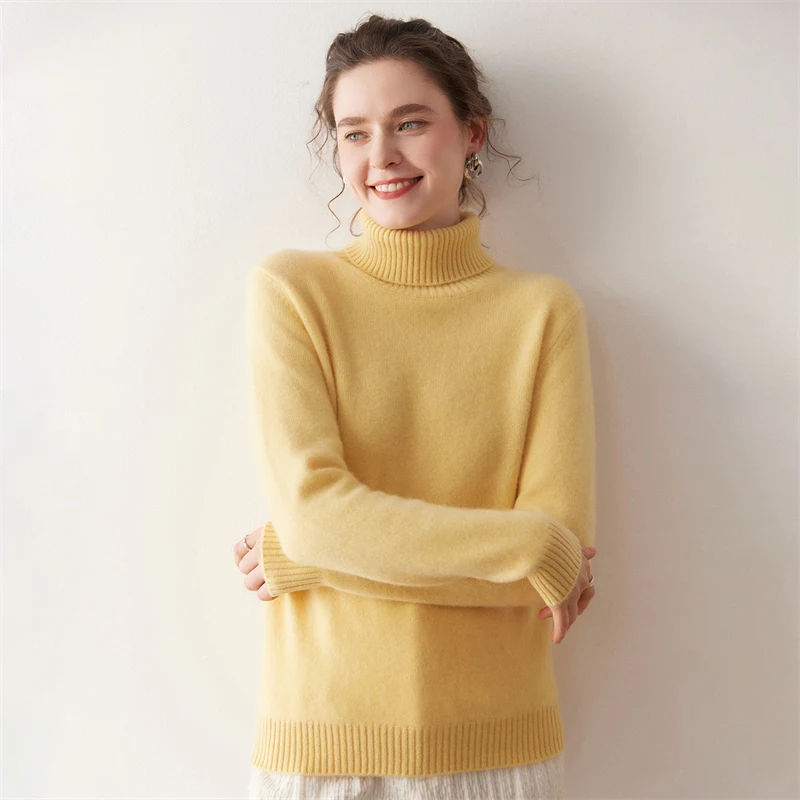 المرأة الماعز سترة الكشمير المعنقة عالية الياقة طويلة الأكمام البلوز الخريف الشتاء لينة الدافئة عادية الكشمير تريكو بلوزات سميكة #4