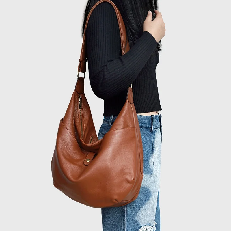 Lazy Style Big Bag Soft Leather Casual Large Capacity Shoulder Crossbody Bag Solid Color Cowhide Women\'s Bag Work Travel Handbag