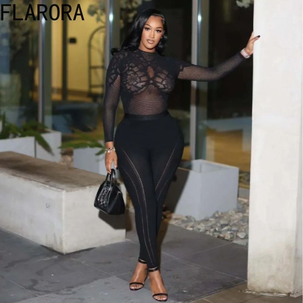 

FLARORA Sexy Hollow Out See Through 2 Piece Sets Woman Wild Mesh Long Sleeve Top And Skinny Pants Suits Midnight Party Clubwear