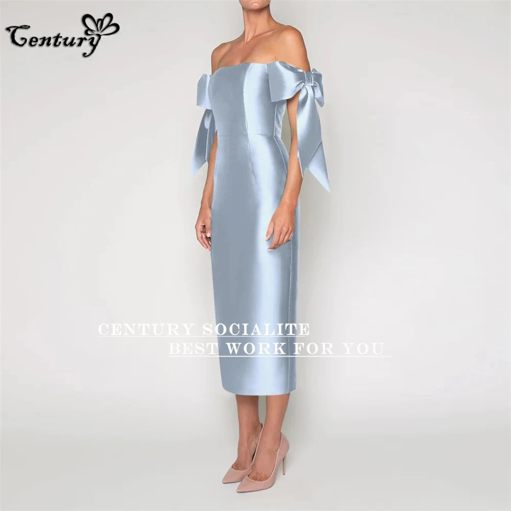 Sky Blue Saudi Arabic Prom Dress Long Big Bow Off Shoulder Tea-Length Satin Dubai Evening Party Gowns Women Customized