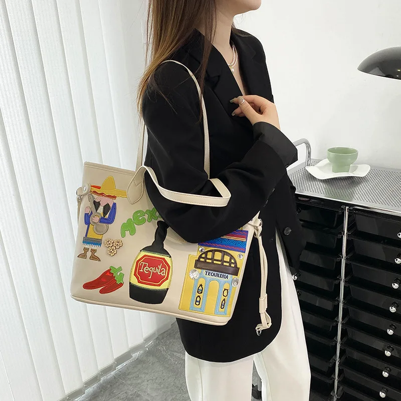 Niche Embroidered Graffiti One Shoulder Tote Bag New Mexican Style Handheld Big Bag Large Capacity Underarm Commuter Bag sac vip