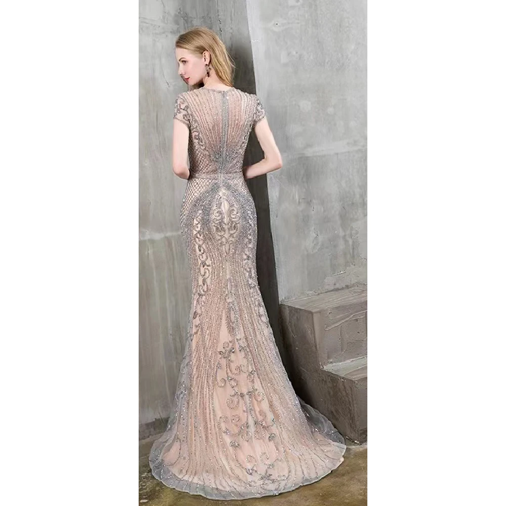 Luxury Dubai Pearls Mermaid Long Evening Dresses For Women 2023 Sequied Beading Illusion Party Dress O Neck Formal Prom Gowns