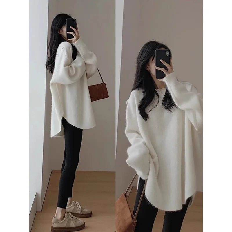 

White Raccoon Fur Knit Sweater Women's Autumn Winter Thiened Design Lazy Sle Mid-Length Butt Covering Knitted irt