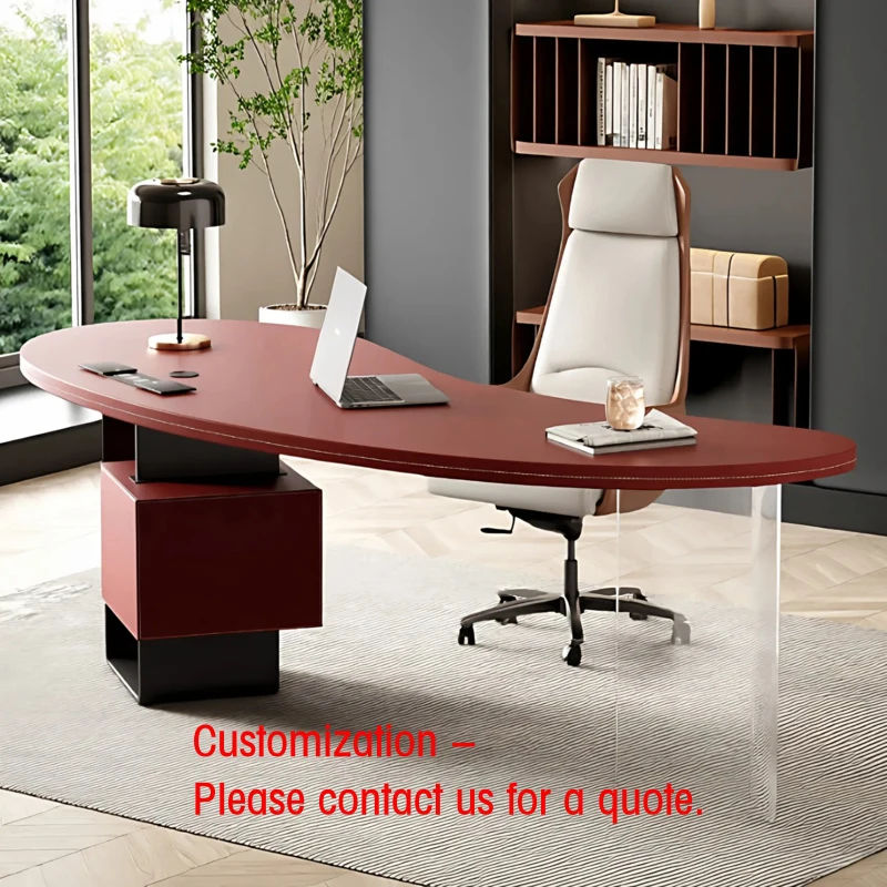 custom.Leather Luxury Modern Computer Desk with Bookshelf & Storage Drawers High-end Feeling Office Furniture