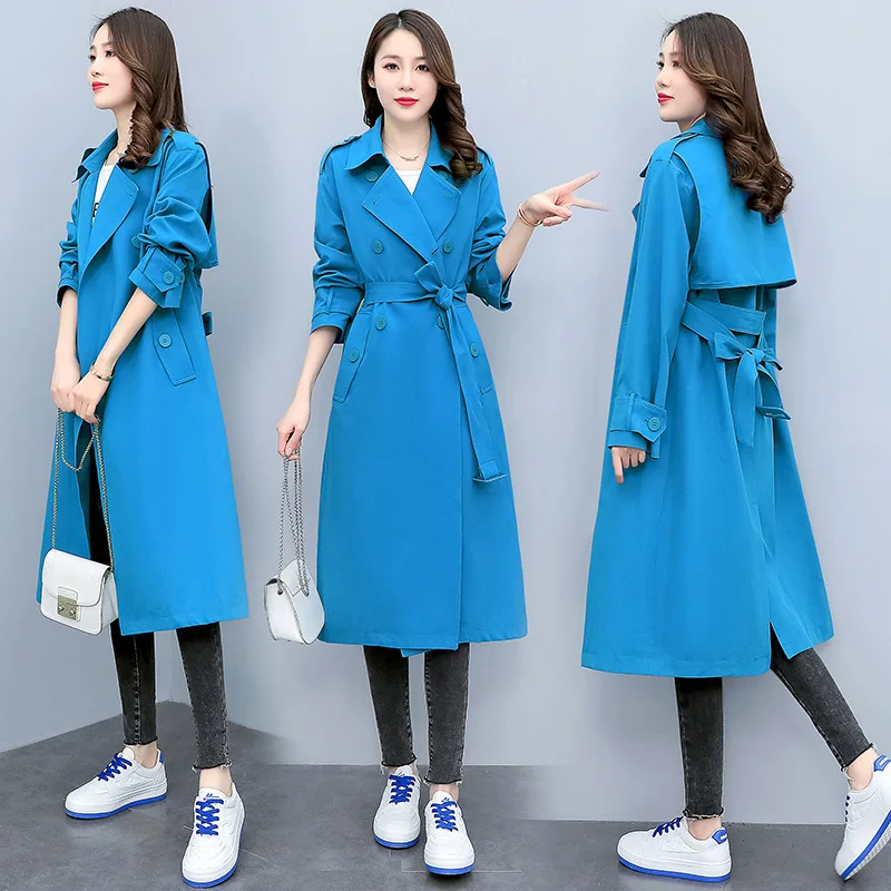 Spring Autumn Women Trench Coat Korean Fashion Elegant Casual Solid Color Long Overcoat Double Breasted Windbreaker With Belt