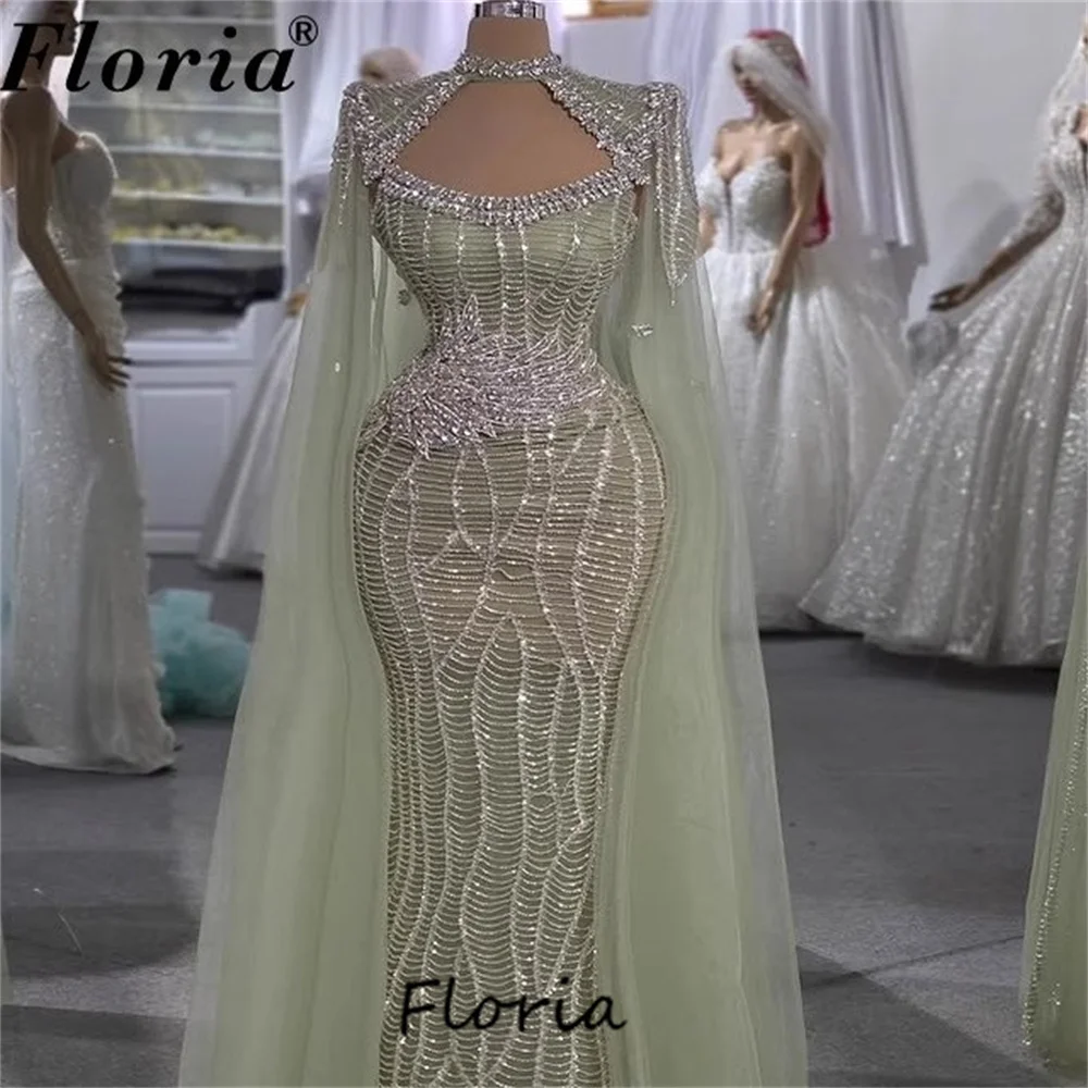 

Elegant Mint Green Beading Evening Dresses With Cloak 2025 Dubai Crystals Long Wedding Party Dress Cocktail Gowns Customized