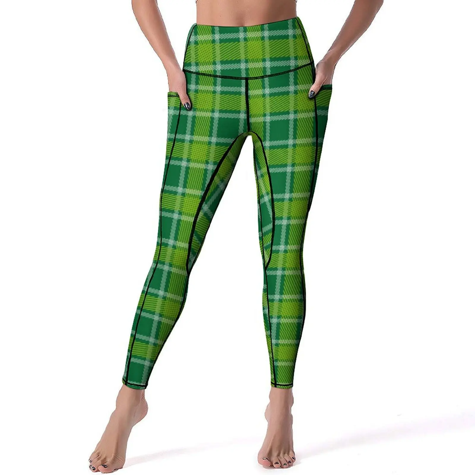 

Green And White Plaid Yoga Pants Pockets Lines Print Leggings Sexy High Waist Cute Yoga Sports Tights Stretch Workout Leggins