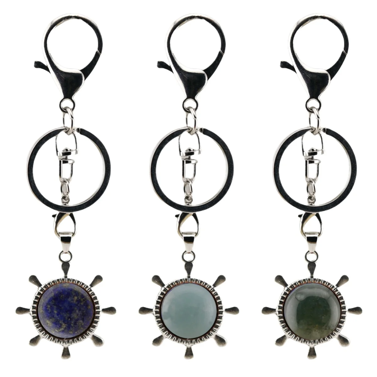 Natural oval gemstone crystal steering wheel compass keychain car key pendant hand decoration charm fashion jewelry accessories