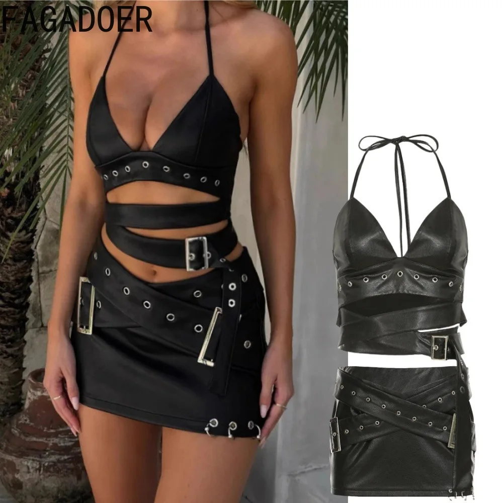 

FAGADOER Sexy Leather Two Piece Set for Women Spaghetti Strap Bandage Patchwork Crop Top + Bodycon Mini Skirts Suits Streetwear