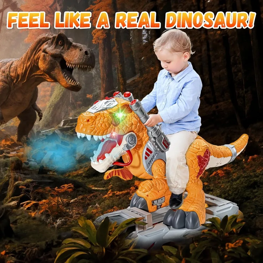 ของเล่นไดโนเสาร์ไฟฟ้าสำหรับเด็กเล็ก ขี่ได้ มีเพลง ไฟ และควัน สกู๊ตเตอร์เด็กหัดเดินแบบใช้เท้าเหยียบ