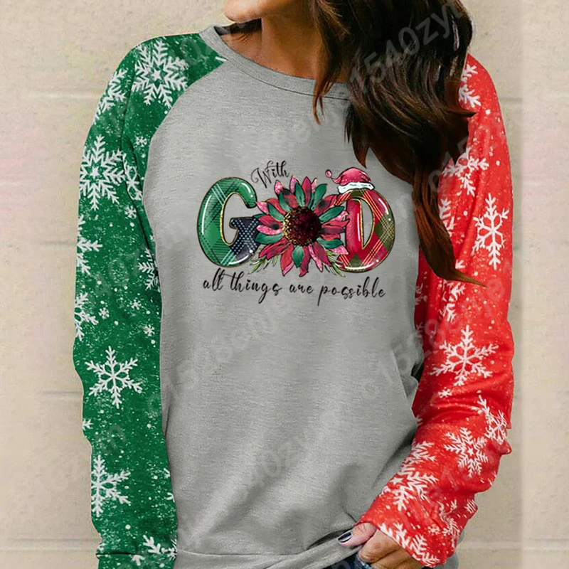 Autumn Winter Clothing Christmas With God All Things Are Possible Print Sweatshirt Women Long Sleeve T-Shirt Round Neck Pullover