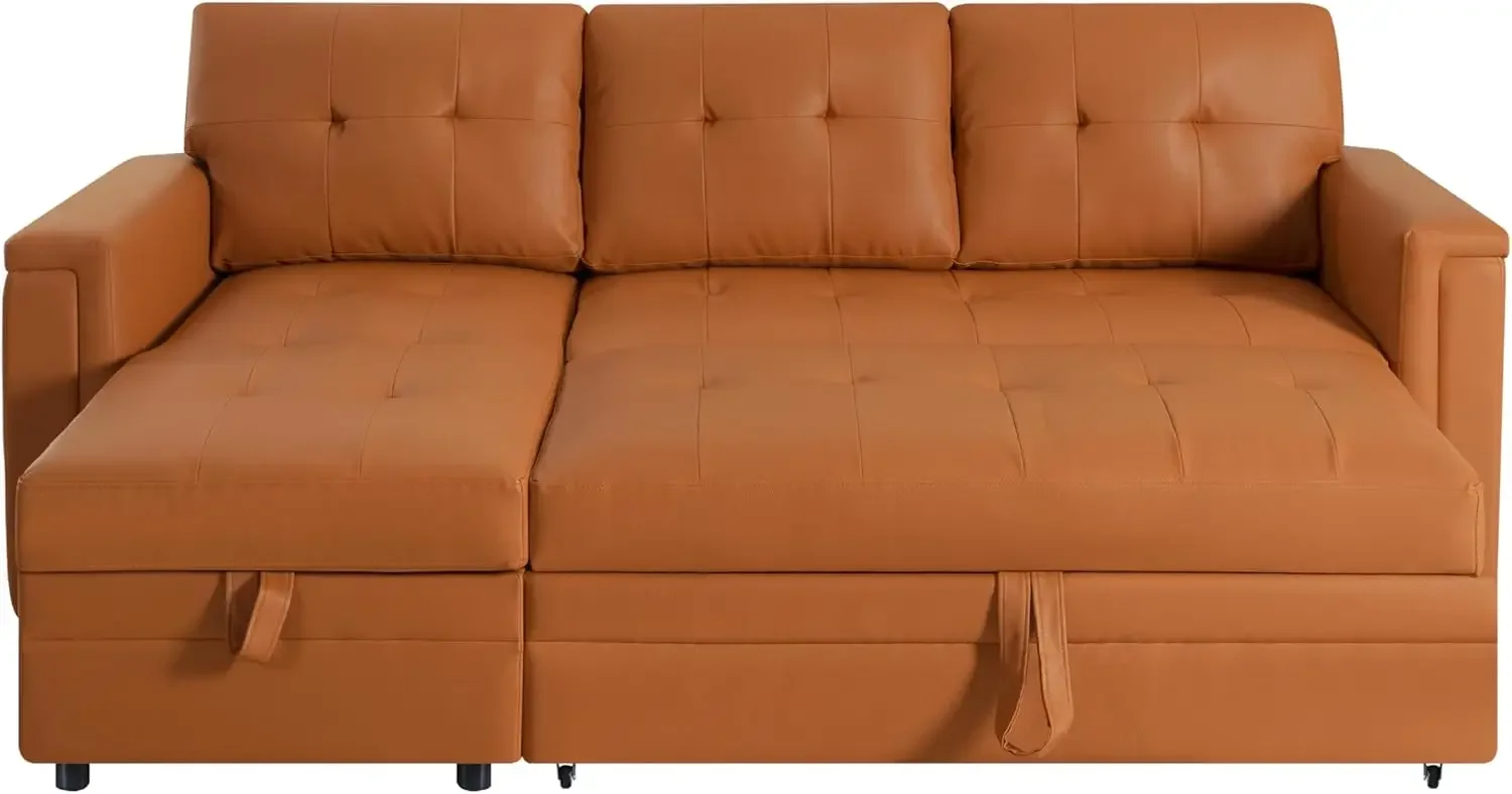 Lily Reversible Sleeper Sectional with Storage and USB Ports - Caramel, Air Leather