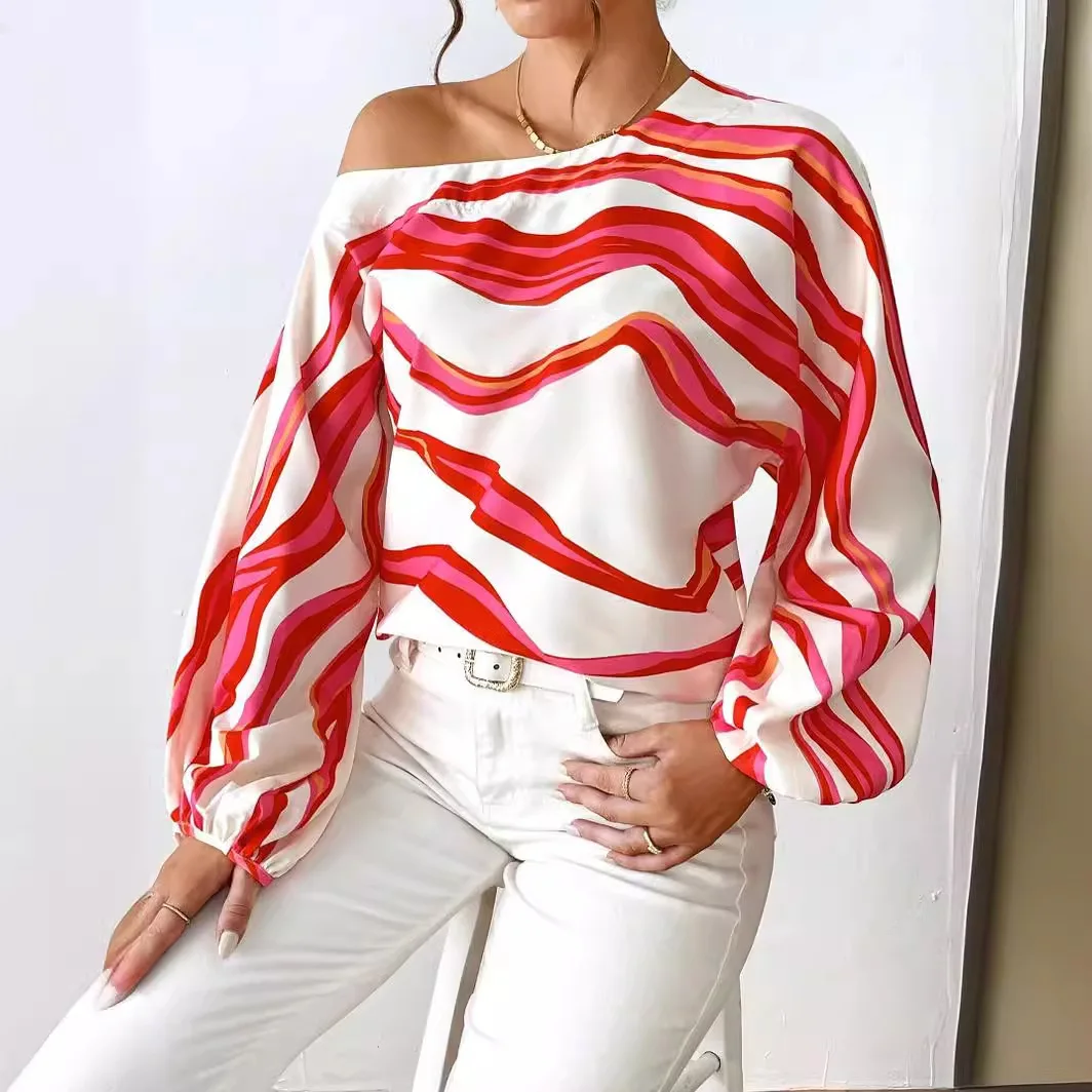 

Women's Sexy Shirts 2024 Spring Summer Temperament Off-shoulder One-line Collar Long-sleeved Shirt Printed Loose Shirt For Women