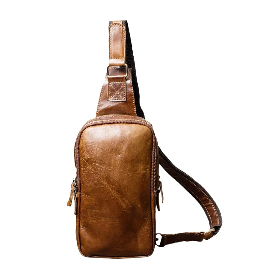 1611 Men's Casual Retro Cowhide Chest Bag, Genuine Leather Top Layer Cowhide Crossbody Shoulder Bag