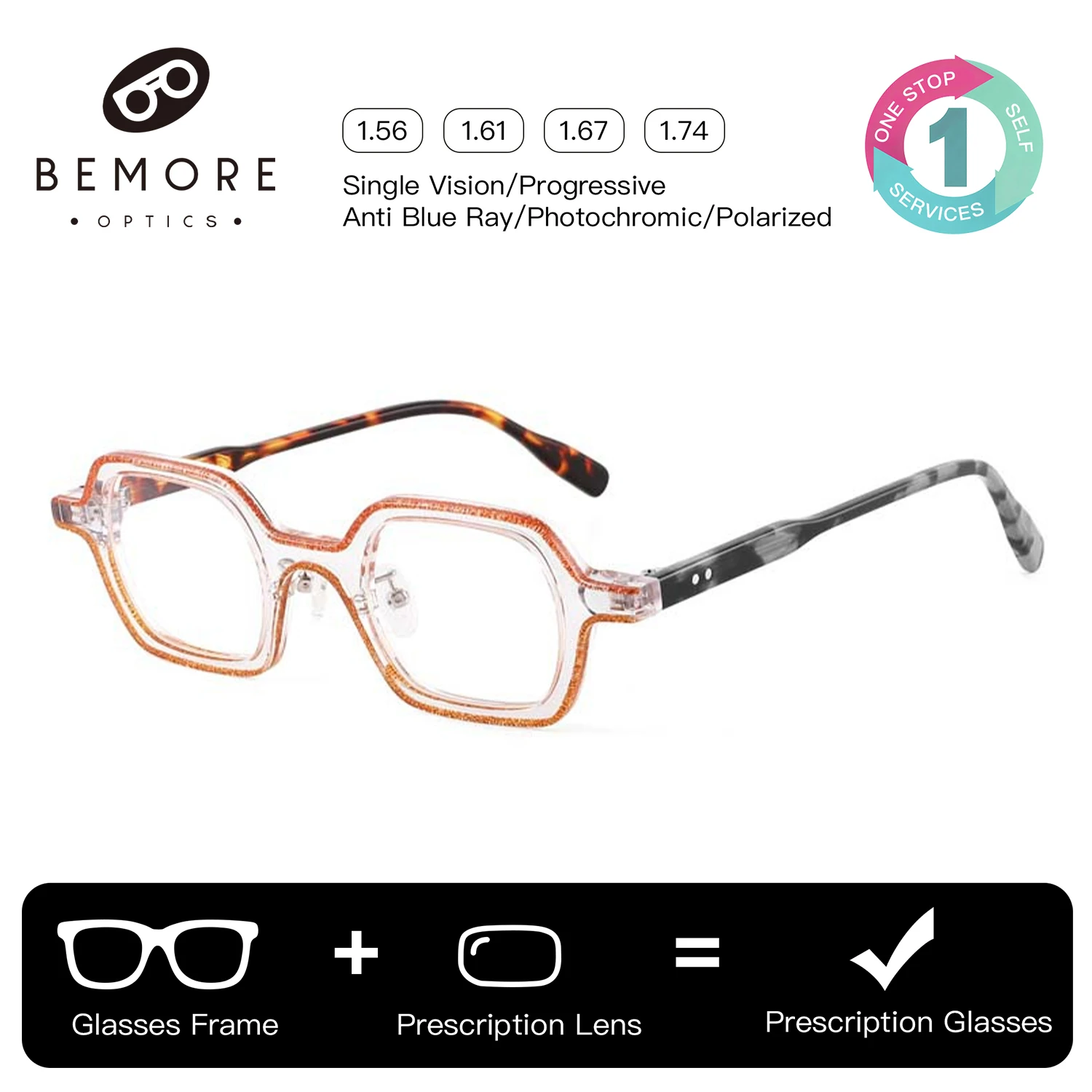 BEMORE Polygon Prescription Glasses For Women Acetate Photochromic Anti Blue Light Presbyopia Optical Grade Frame Eyeglasses