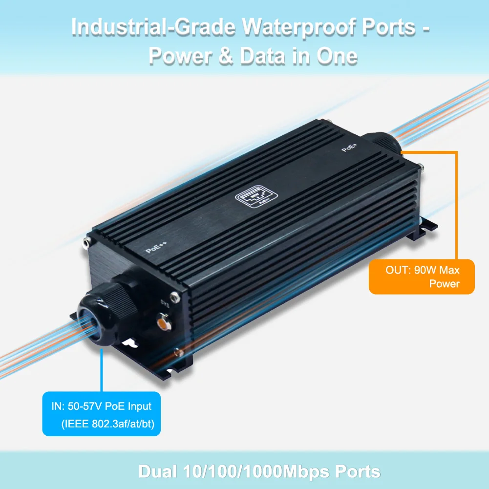 موسع جيجابت PoE صناعي مقاوم للماء IP67، مدخل واحد ومخرج واحد، IEEE 802.3af/at/bt، تمديد إيثرنت 100 متر #5