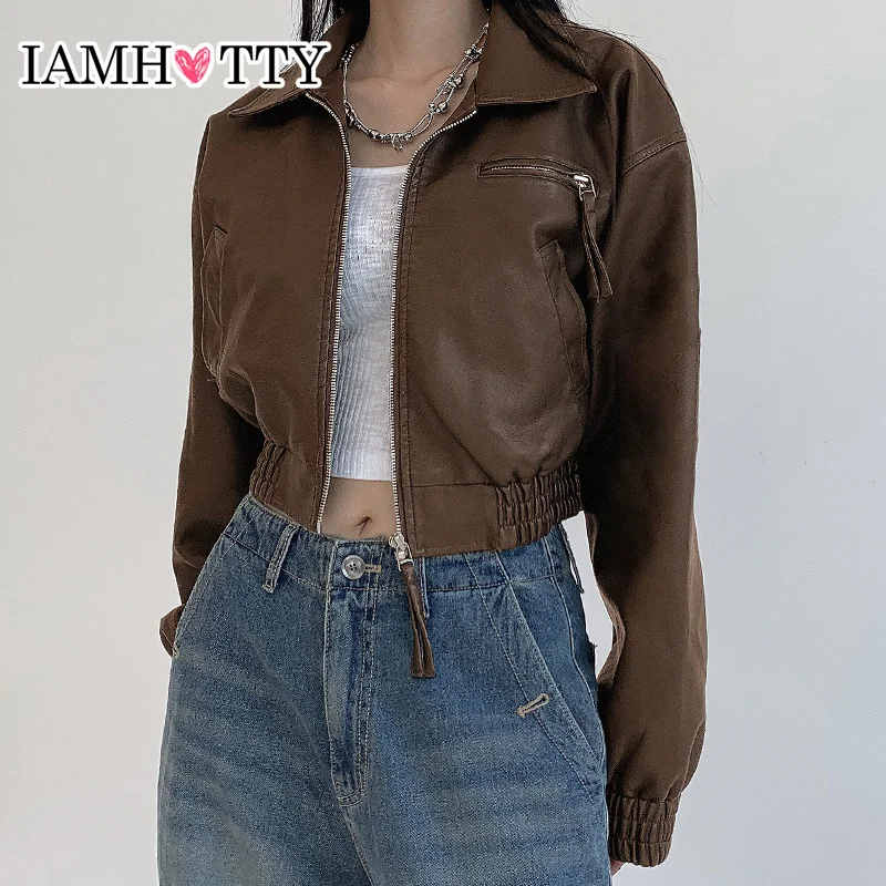 

IAMHOTTY Zip-up Pockets Cropped Pu Leather Jacket Punk Style Turn-down Collar Slim Waist Coat Vintage Cardigan Fall Streetwear