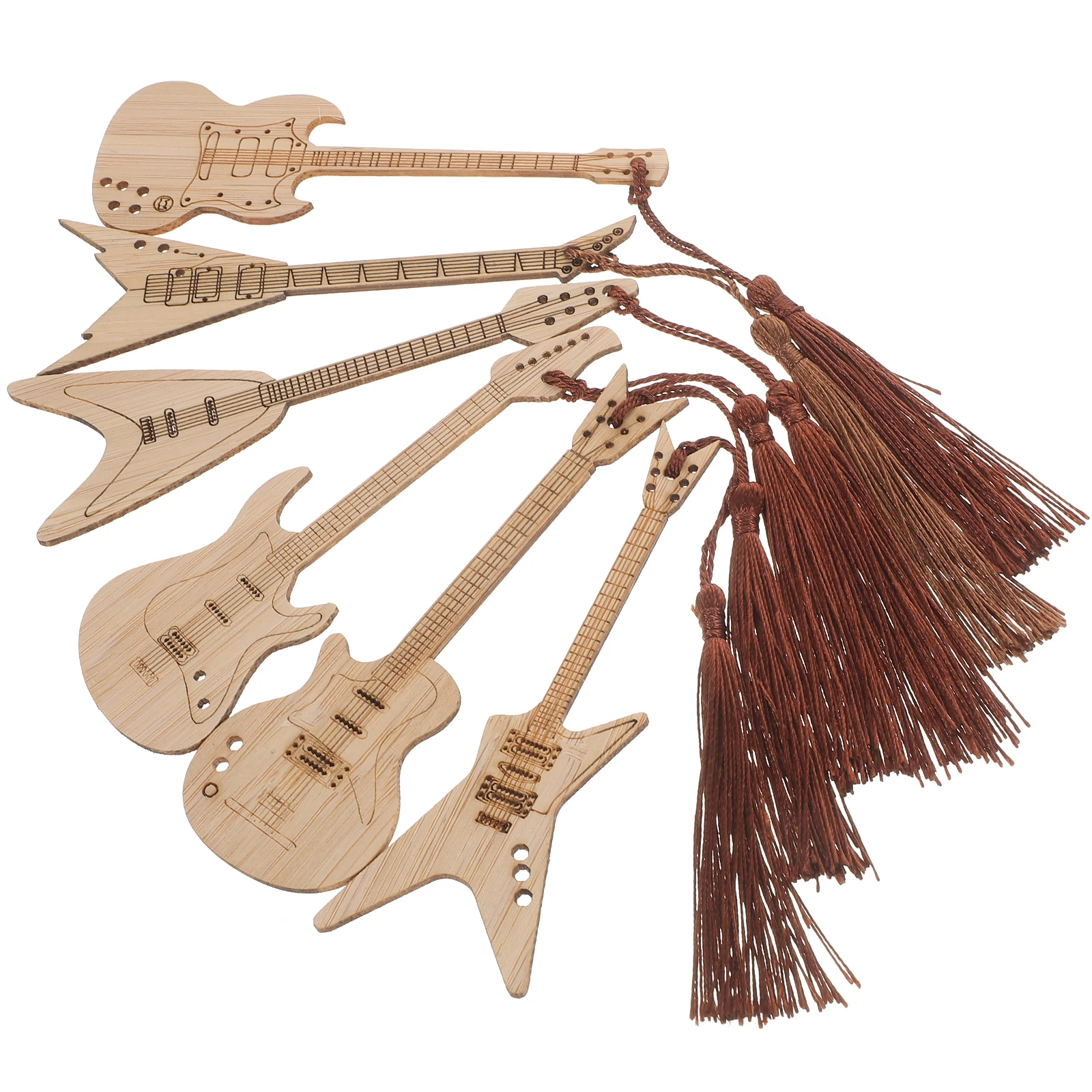 

6 Pcs Wooden Bookmarks Reading Marks Guitar Student Decorative Wood Bookmarkers Hole Design Tassels Gifts Book Decorations Page
