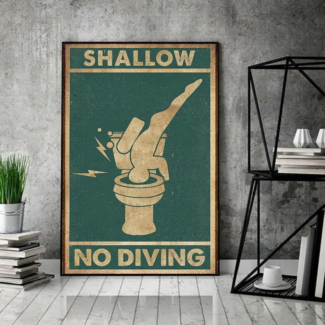 1d,Shallow No Diving Poster, Funny Shallow Water Swimming Injury Poster, Funny Bathroom Sign Wall Antique Tin Sign Vintage Decor