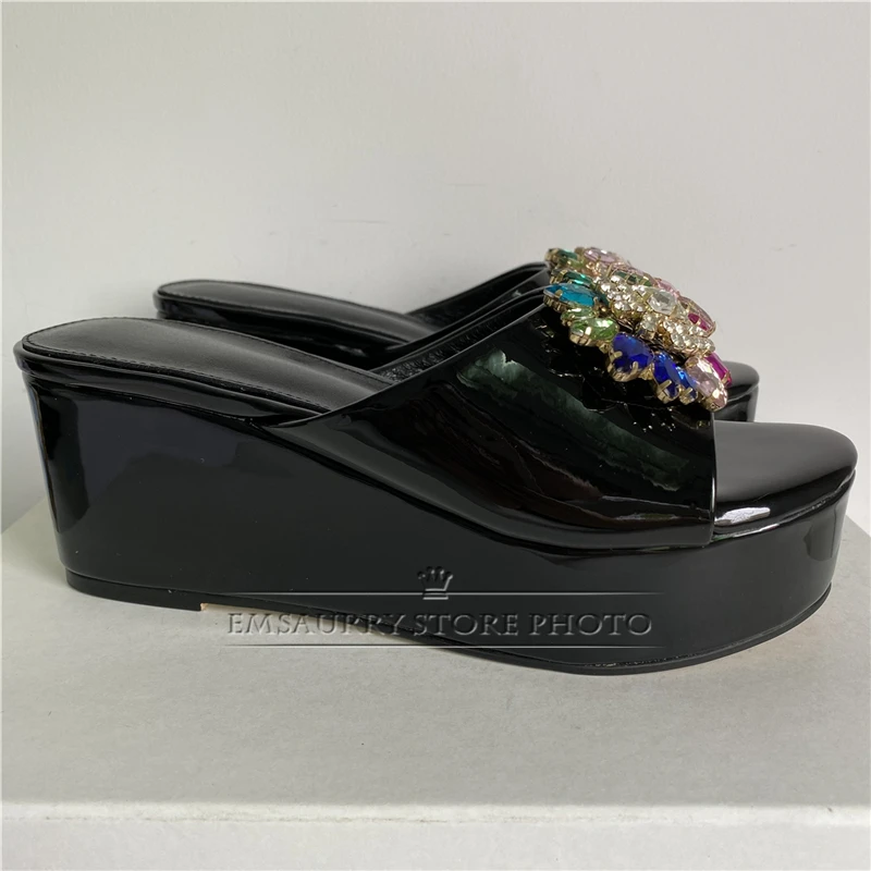 Colorful Rhinestone Flower Buckle Decor Sandals Women High Platform Wedges Luxury Patent Leather Slingbacks Mules Summer