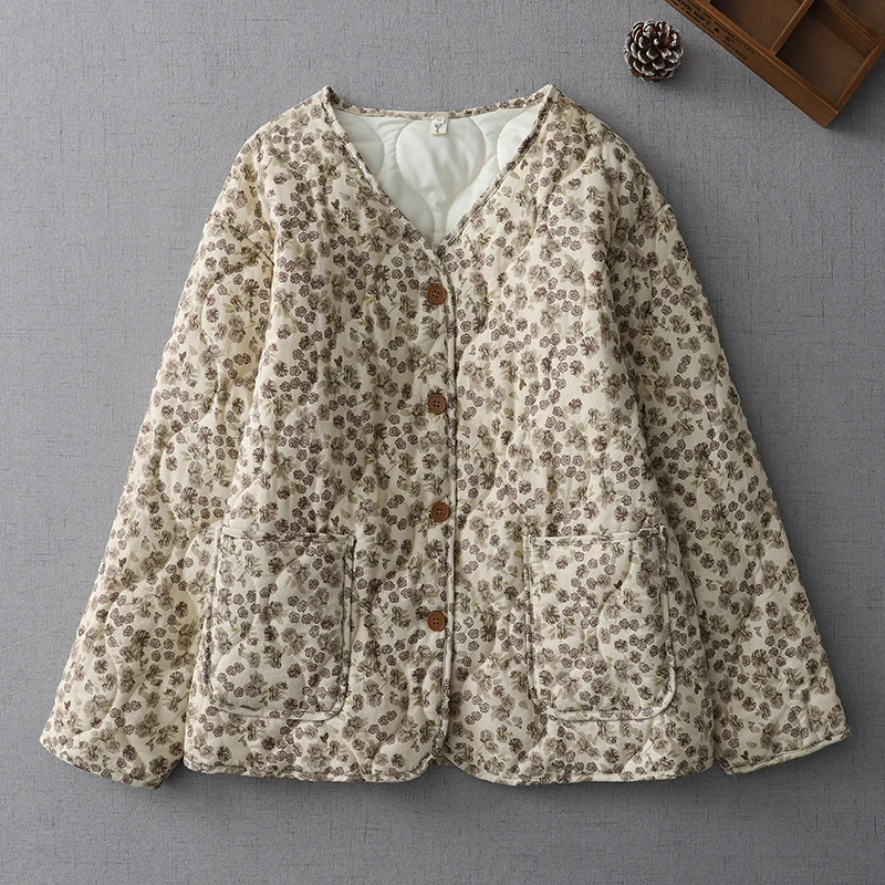 

Retro Floral Cotton Jacket Women's Loose Lightweight Warm Coat Autumn Winter New Style V-neck Long Sleeve Commute Fashion