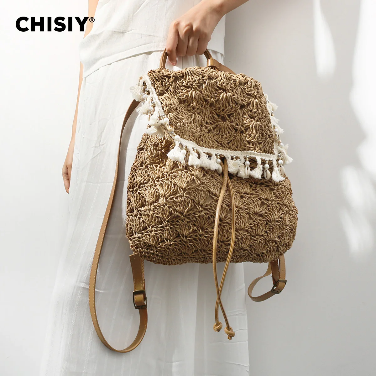 CHISIY Original Handmade Fashion Summer Forest Grass Weaving Large Capacity Beach Travel Shopping Backpack