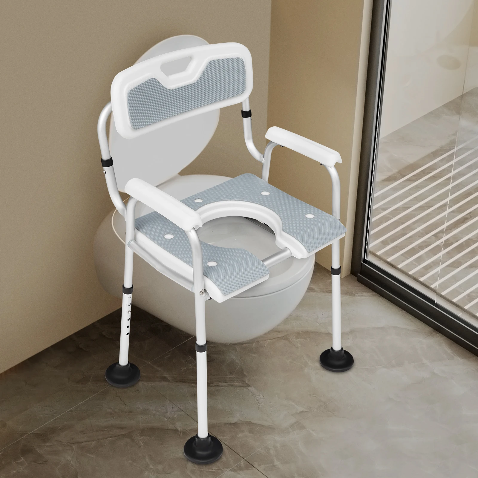 Duschstuhl für Senioren, höhenverstellbarer, bodenstehender Nachttisch-Toilettenstuhl mit Armlehnen und Rückenlehne – Detail 7