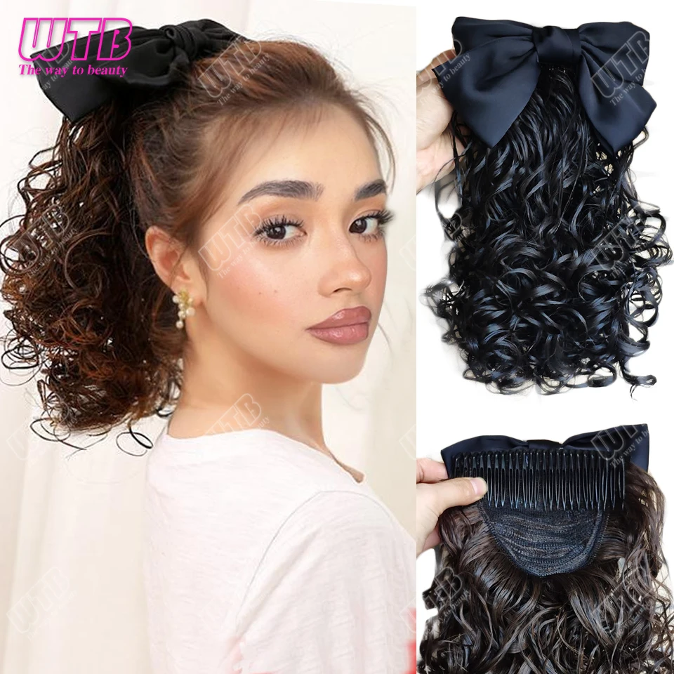 

Синтетический бант, аксессуары для волос, парик, женский вьющийся парик с хвостиком, ретро вьющиеся волосы, расческа, волнистые вьющиеся волосы