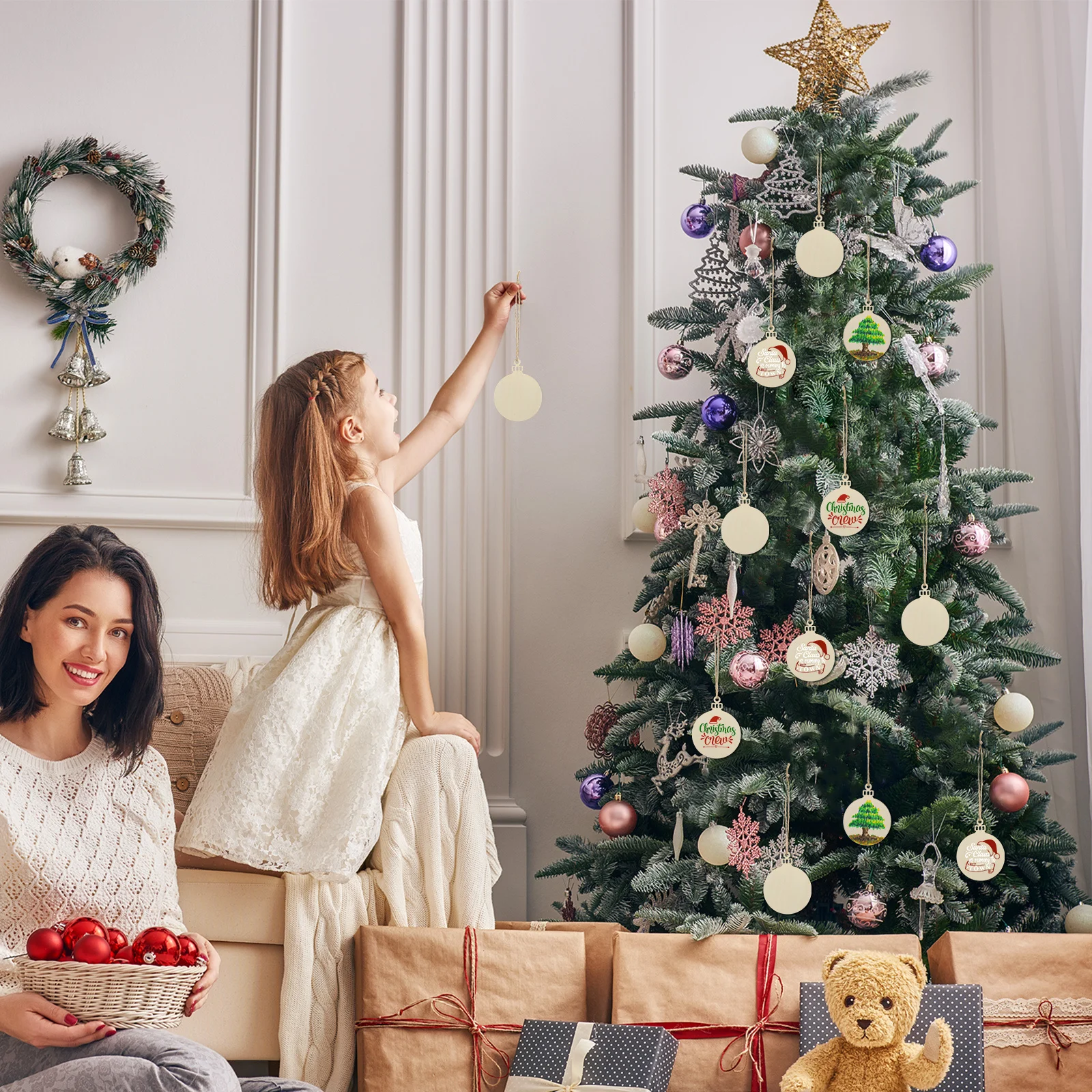 

10pcs Wooden Bell Ornaments Round Christmas Tree Hanging Decorations Diy Craft Tags For Scrapbooking Plaques Christmas