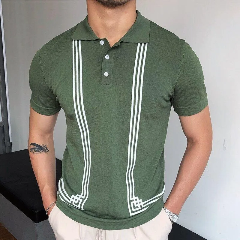 Summer Clothing Men\'s Luxury Knitted Short Sleeve Polo Shirt Retro Lapel Button-down Patchwork Fashion Business Leisure Knitwear