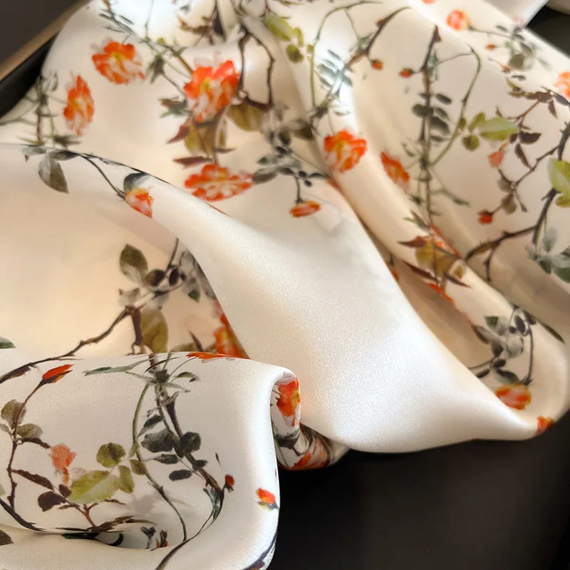 2024 New Women Square 100% Silk Scarf Foulard Bandana Lady Floral Scarves for Hair Bands Neckerchief Spring Bag Ties 53cm