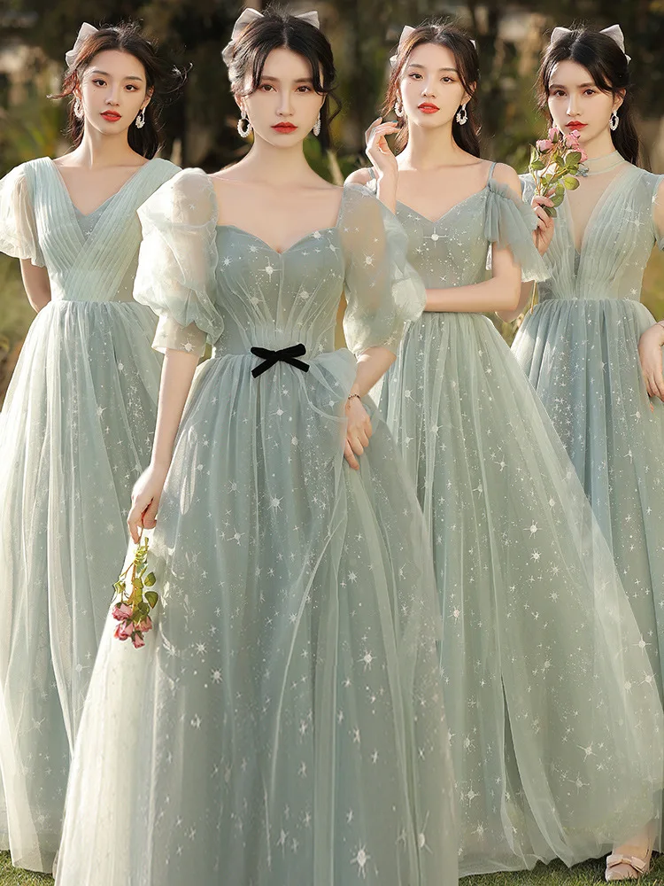 

Women's Forest Green Bridesmaid Dresses New Spring Summer Long Fairy Sisters Group Dresses Slim Short Sleeves Girlfriend Dresses