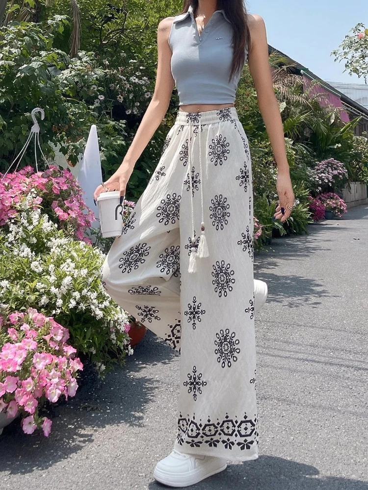 Bohemian Drawstring Floral Print Pants Women Summer High Waist Loose Wide Leg Trousers Vintage Casual Beach Outfits